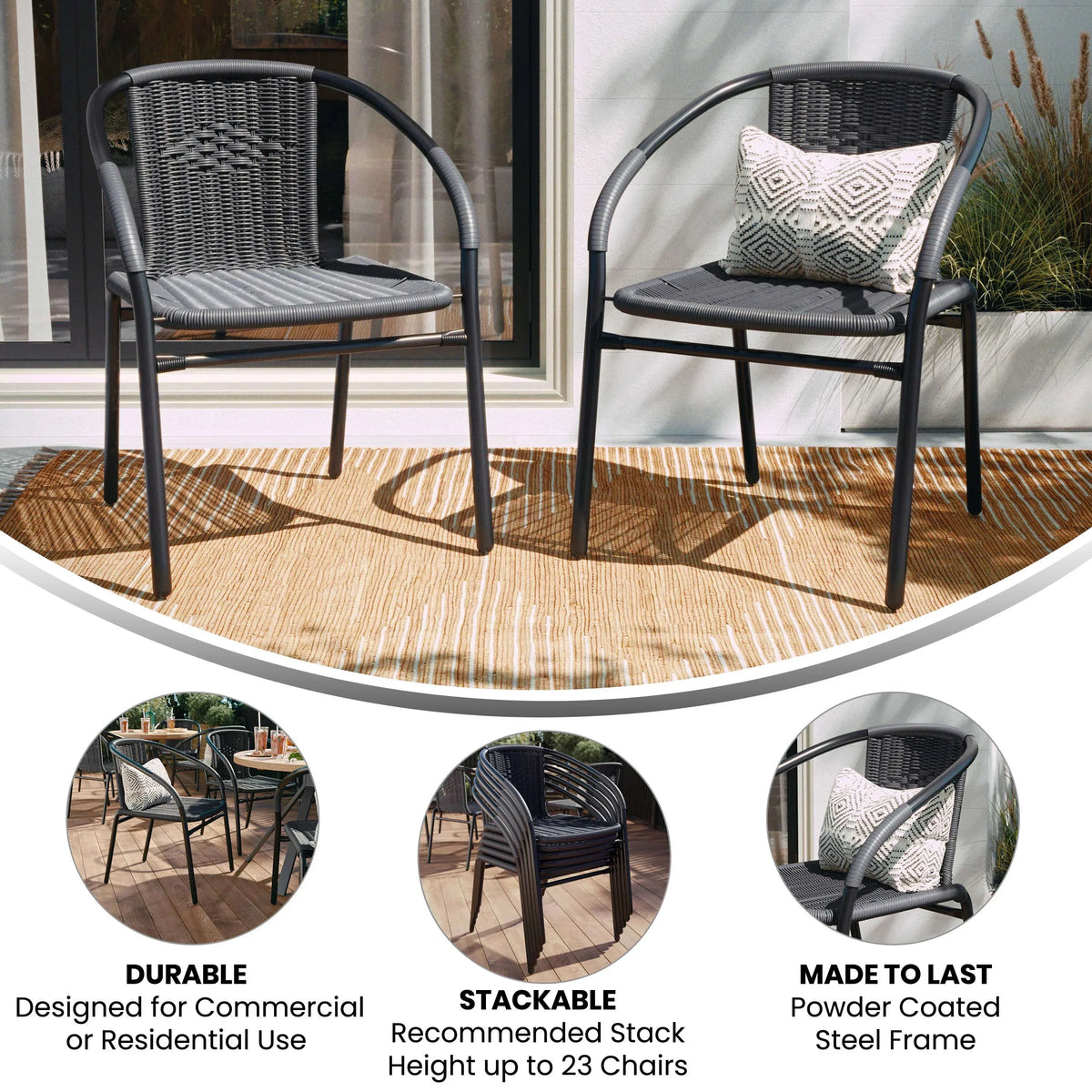 2026 NEW Emma + Oliver Indoor/Outdoor Stacking Rattan Restaurant Patio Chairs, Set of 2, Gray