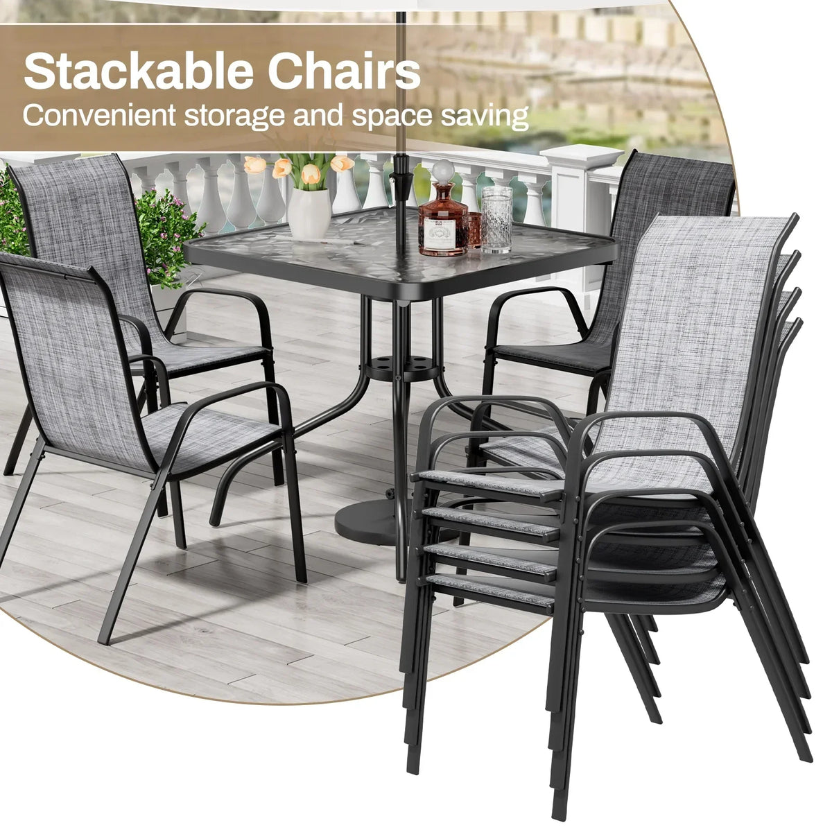 2026 NEW Pirecart 5-Piece Outdoor Patio Dining Table Set with 4 Stackable Textilene Chairs for for Patio, Lawn, Garden, Gray