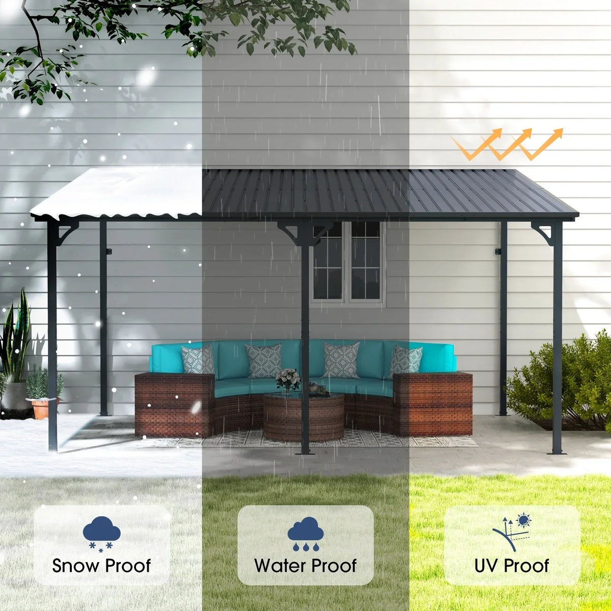 2026 NEW 8' x 10' Outdoor Pergola Gazebo, Lean to Awnings Gazebos, Heavy Duty Hard Top Metal Pergola with Roof, for Patio, Backyard, Decks, Poolside