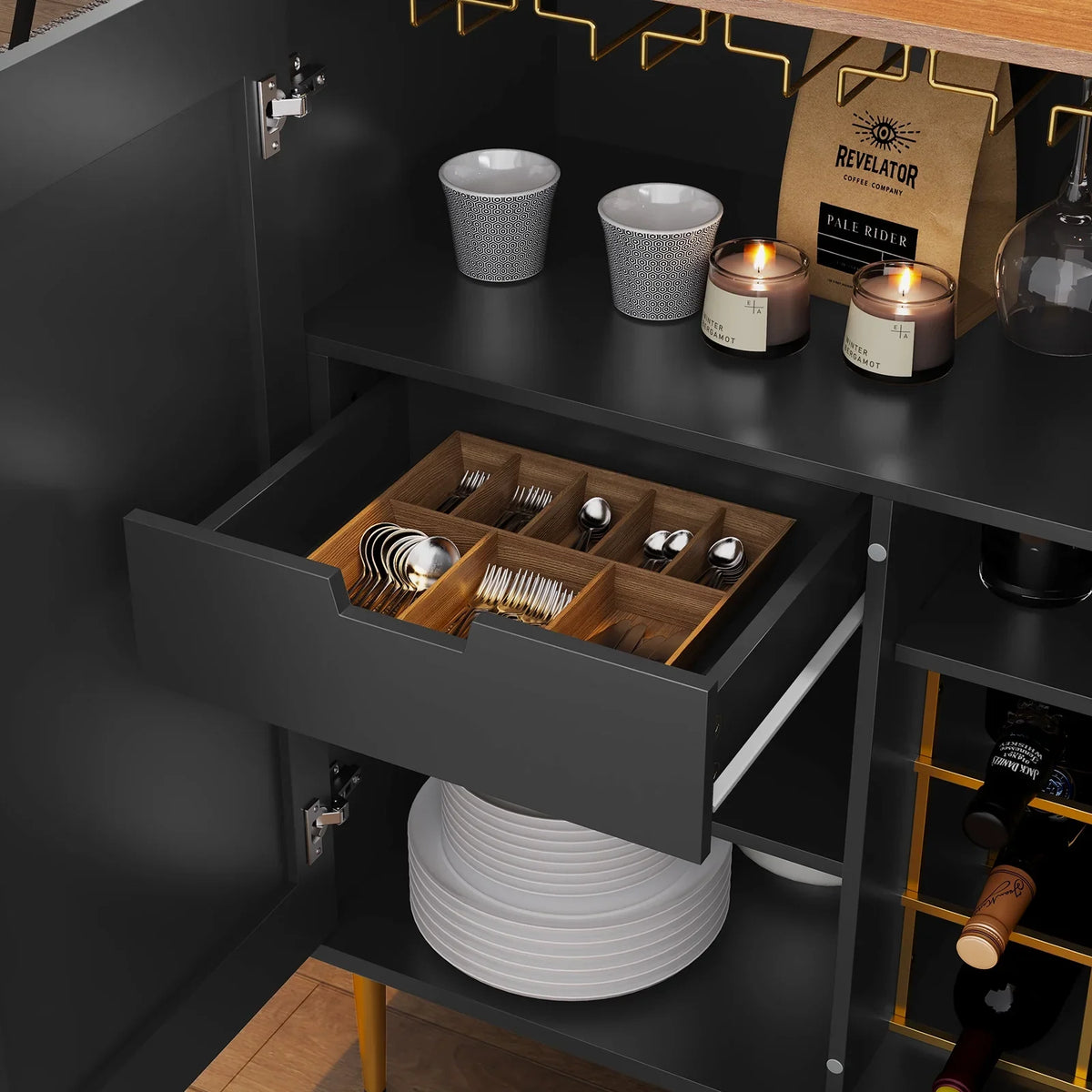 2026 NEW CBJCBJ 32" Wine Bar Cabinet with 2 Door Fluted Texture, Modern Coffee Cabinet with Rack&Glass Holder, Black