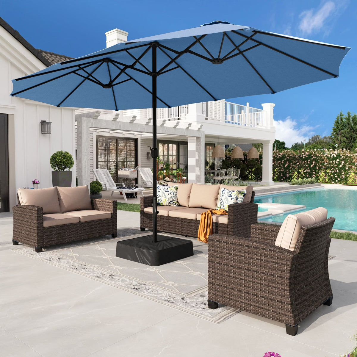 2026 NEW Alpha Joy 15ft Outdoor Patio Umbrella Extra-Large Double-Sided Garden Umbrella with Crank Handle and Base - Smoky Gray