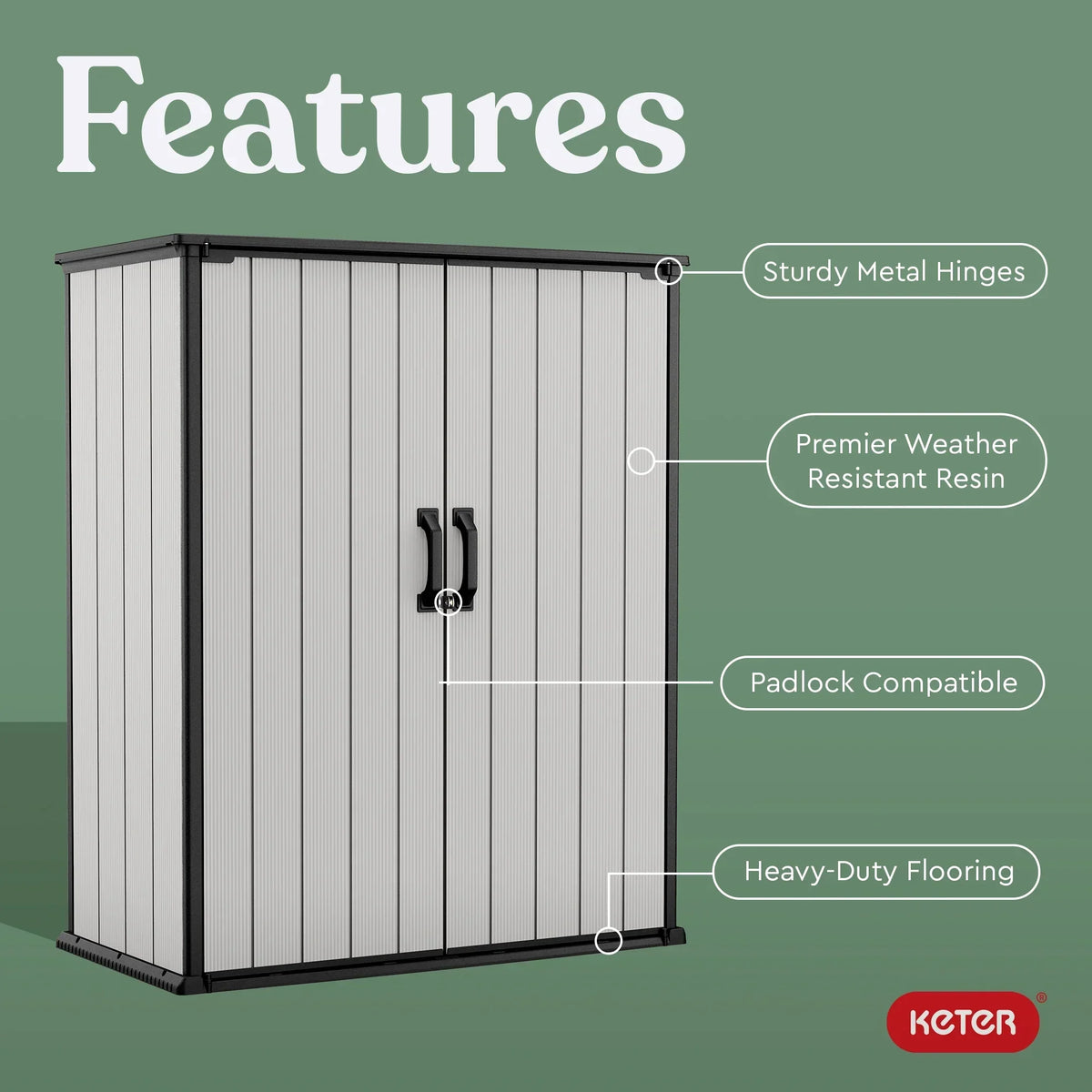2026 NEW Keter Premier Tall Vertical Durable Resin Outdoor Storage Shed With Floor and Locking Double Doors, Grey