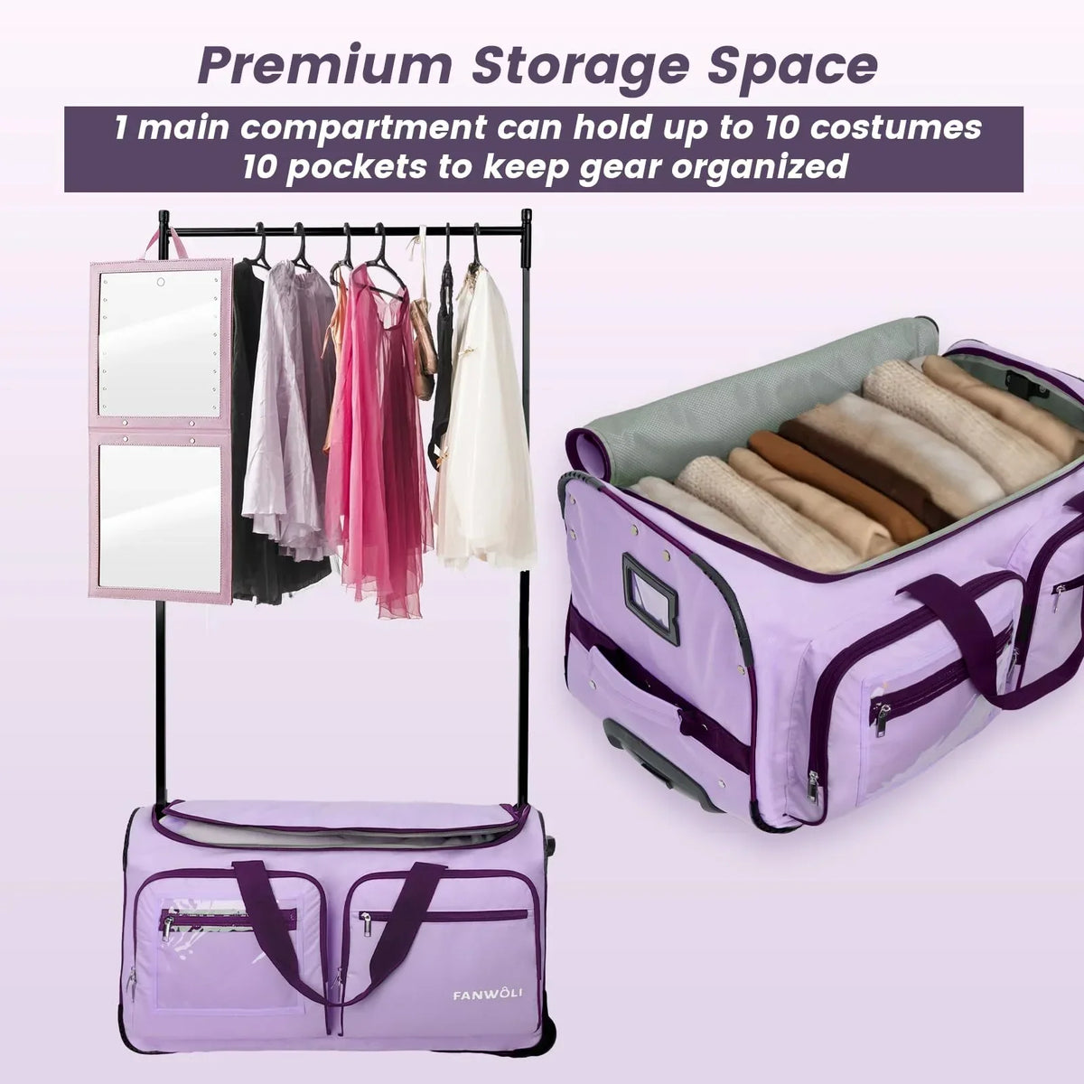 2026 NEW Fegat Dance Bag with Garment Rack - 28"Collapsible Rolling Competition Dance Duffle Bag Lightweight Costume Wheeled Suitcase for Dancers Shows Livestreamer Athletes