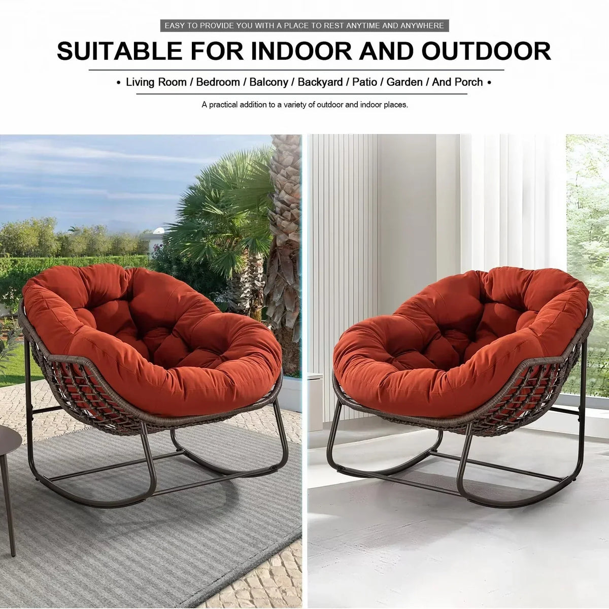 2026 NEW Outdoor Papasan Rocking Chair, Patio Oversized Wicker Egg Rocking Chair, Indoor & Outdoor Comfy Rocker Chair with Thick Cushion, Modern Lounge Chair for Front Porch, Garden, Backyard, Grey