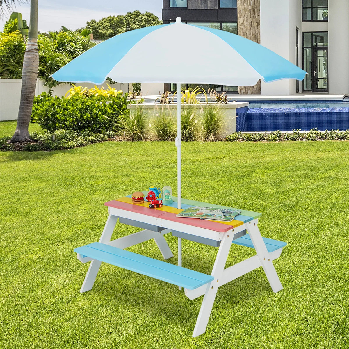 2026 NEW Costway 3-in-1 Kids Picnic Table Wooden Outdoor Sand & Water Table with Umbrella Play Boxes Green