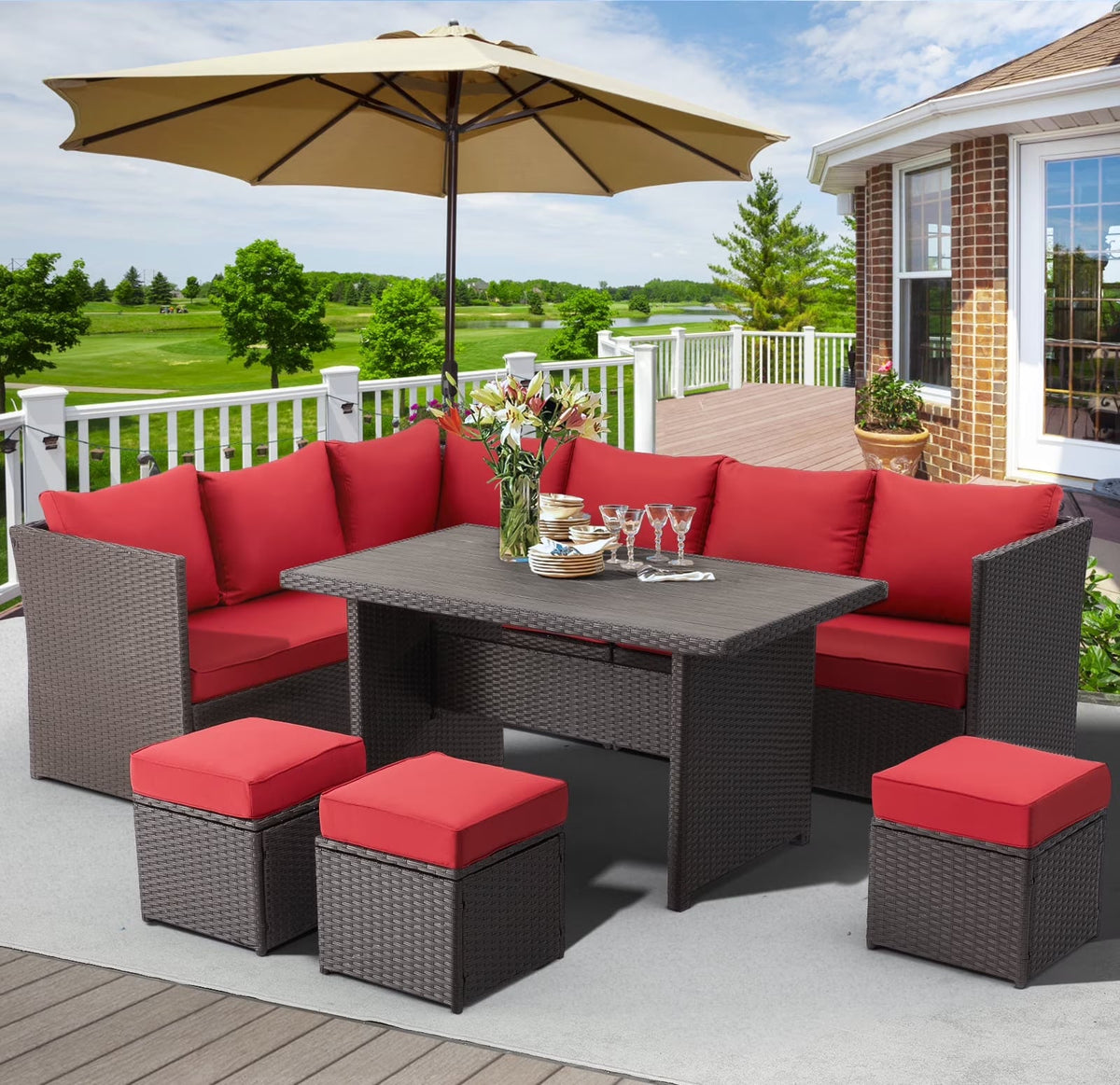 2026 NEW AECOJOY 7 Piece Patio Furniture Set PE Rattan Outdoor Dining Set Sectional Sofa Couch with Table Patio Conversation Set in Gray