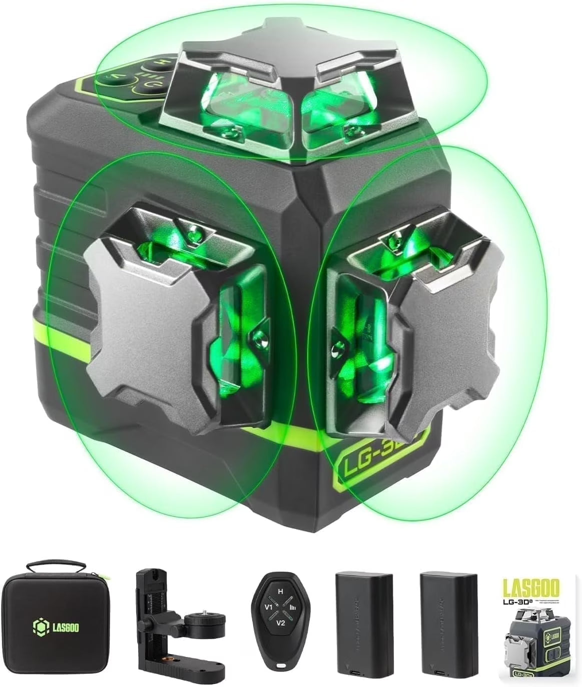 2026 NEW Laser Level 3x360- LASGOO with Remote Control, 2 Rechargeable Batteries, 100FT Range, 360- Magnetic Rotating Stand, IP54, 3Ds