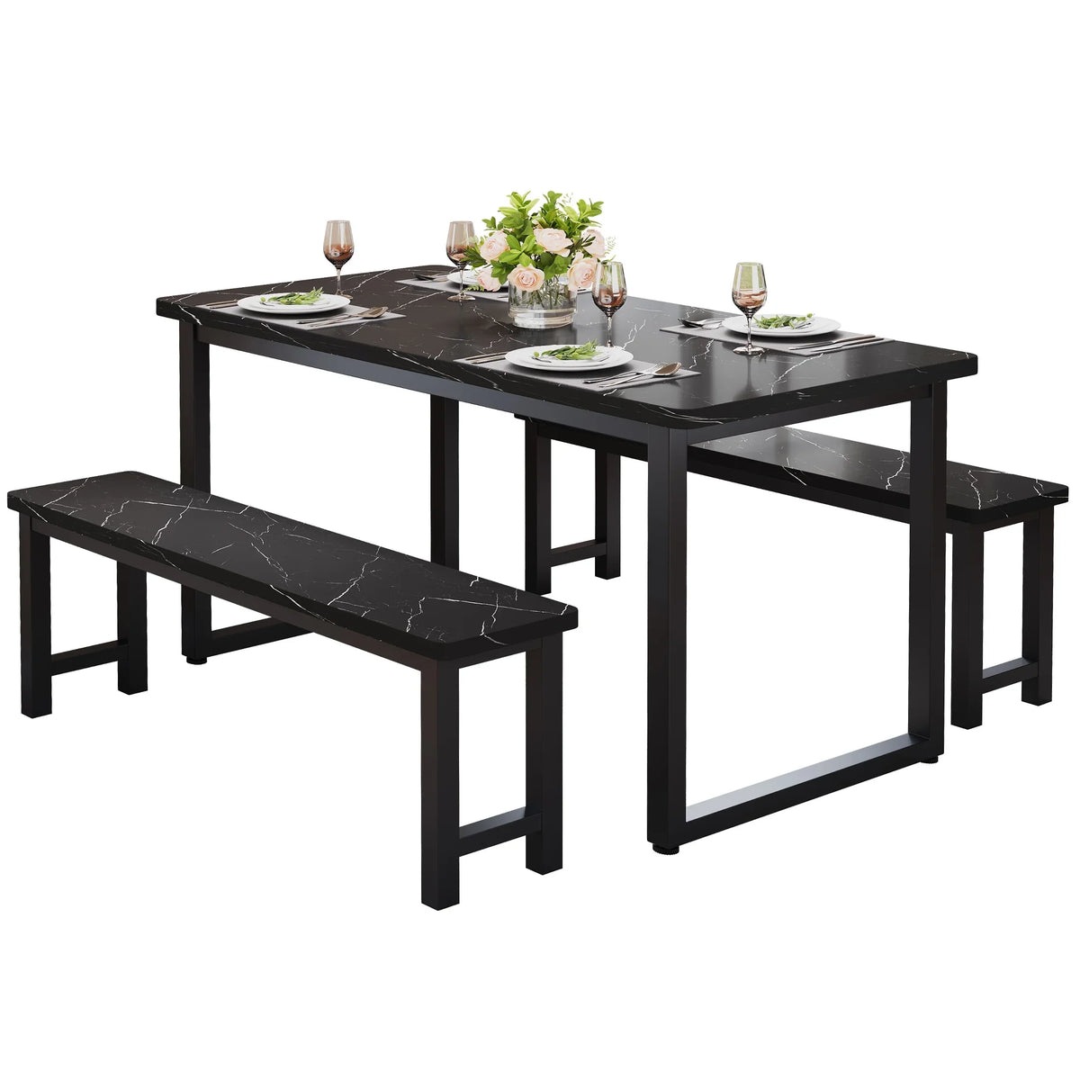 2026 NEW PORKISS Kitchen Table with 2 Benches, 3 Piece Dining Table Set, Dining Table with Faux Marble Table Top, Metal Frame, Black#