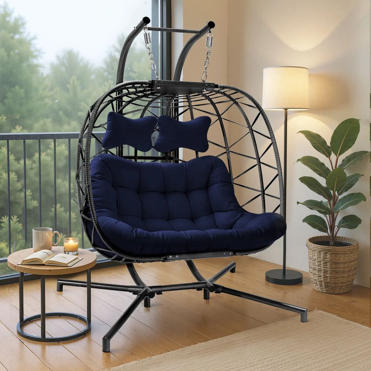 2026 NEW RADIATA Double Wicker Egg Swing Chair with Stand, 2-Person Hanging Egg Chair for Indoor/Outdoor, 700lbs Capacity, Thick Cushions & Headrest,Sturdy Metal Frame"Dark Gray