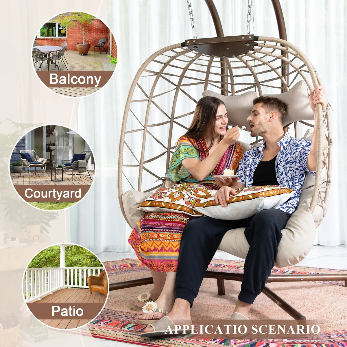 2026 NEW RADIATA Double Wicker Egg Swing Chair with Stand, 2-Person Hanging Egg Chair for Indoor/Outdoor, 700lbs Capacity, Thick Cushions & Headrest,Sturdy Metal Frame"Dark Gray