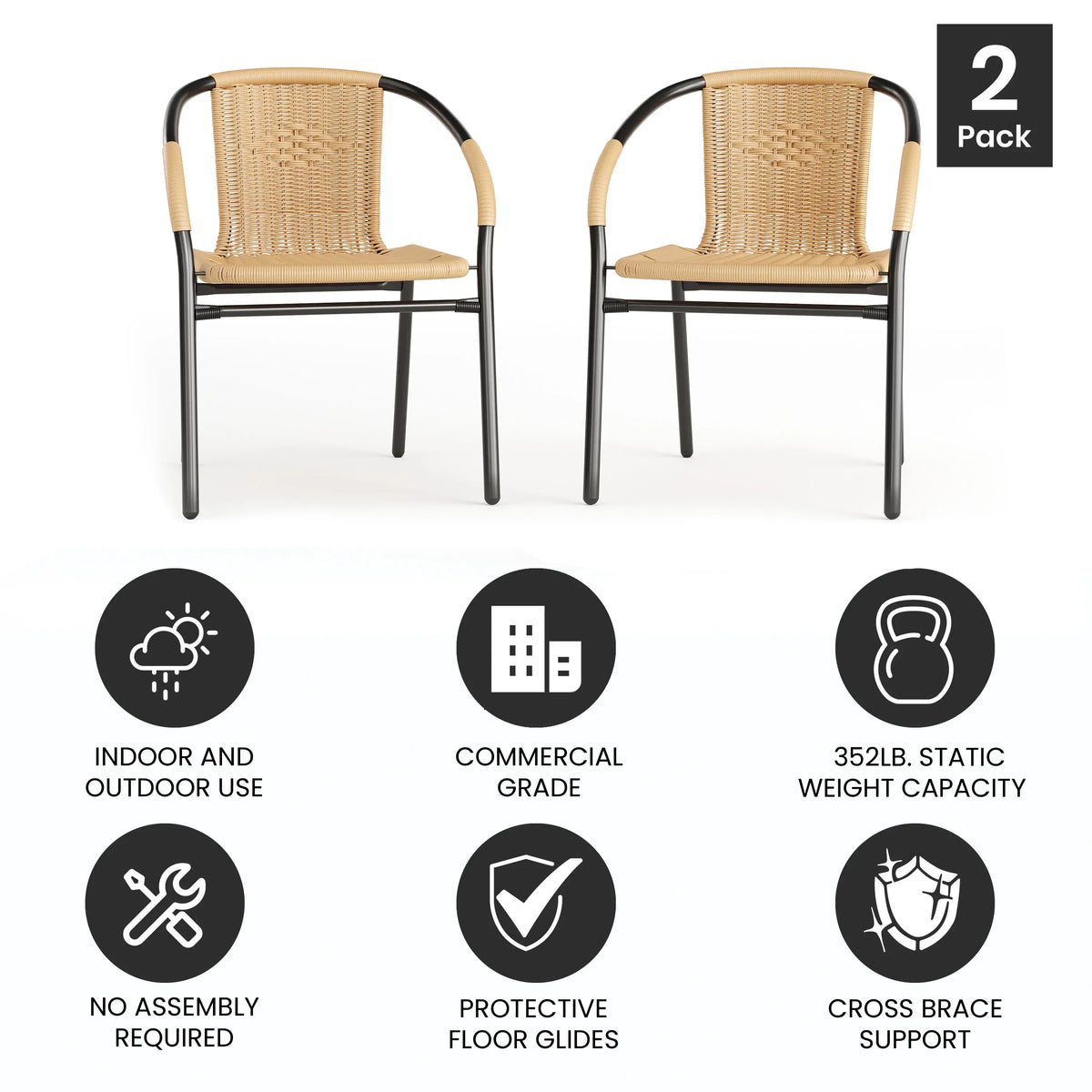 2026 NEW Emma + Oliver Indoor/Outdoor Stacking Rattan Restaurant Patio Chairs, Set of 2, Gray
