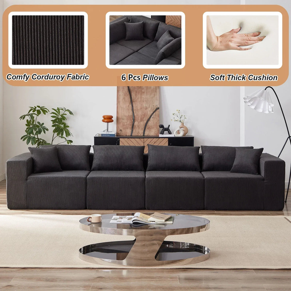2026 NEW 104-Inch Corduroy Modular L Shaped Sectional Sofa,Luxury Floor Couch Set,Upholstered Indoor Furniture,Foam-Filled Compressed Sofa for Living Room,Bedroom,4 PC Free Combination