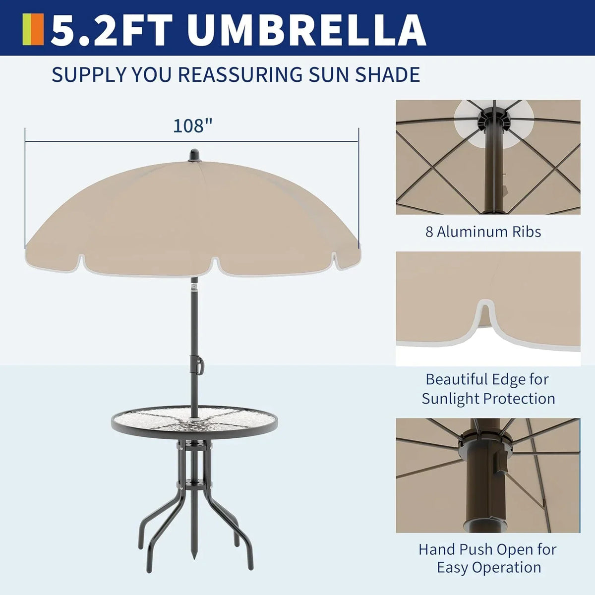 2026 NEW 6 Pieces Outdoor Dining Set With Umbrella, Patio Table and 4 Folding Chairs With Umbrella, Garden Patio Furniture Set With Umbrellas, Tempered Glass Top Dining Table