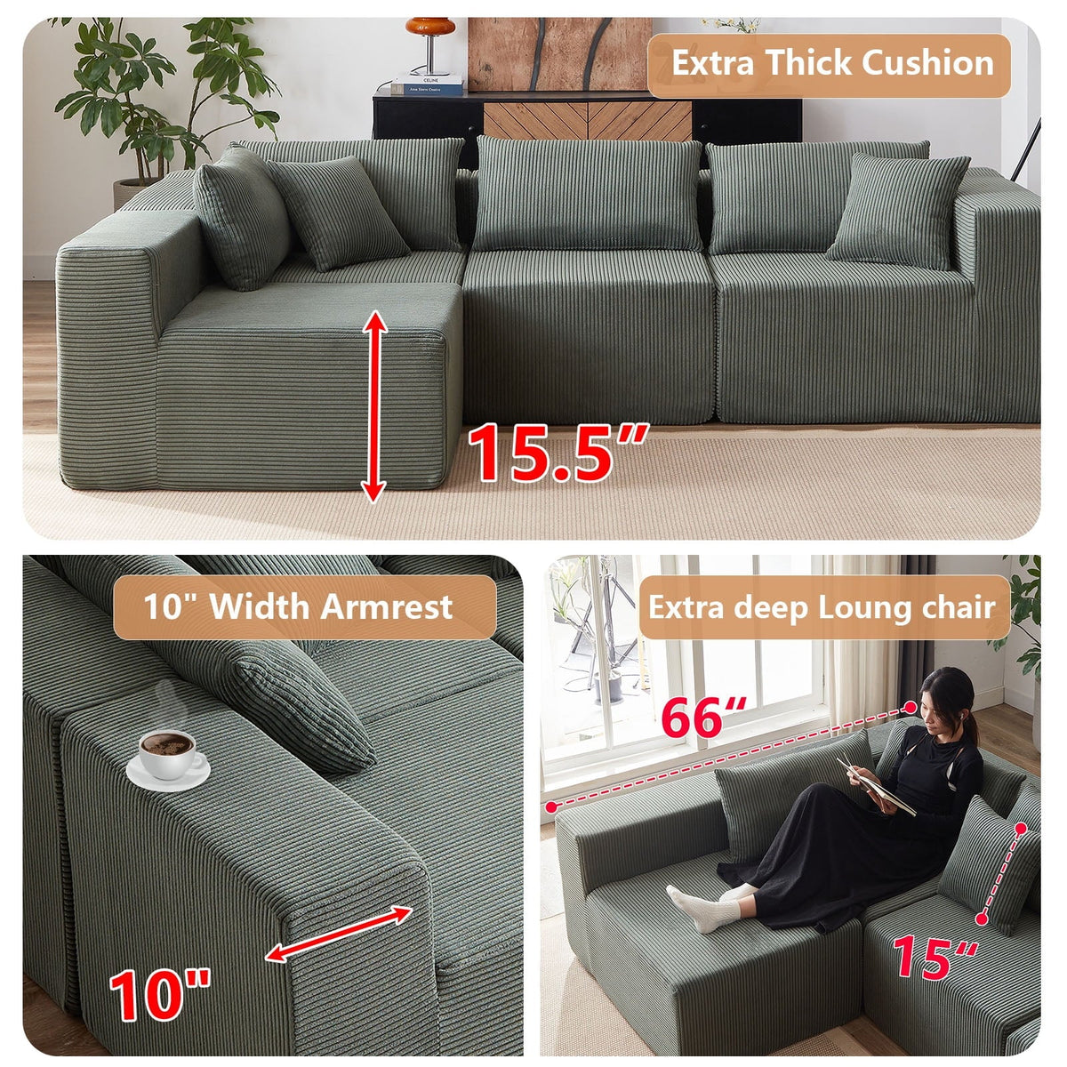 2026 NEW 104-Inch Corduroy Modular L Shaped Sectional Sofa,Luxury Floor Couch Set,Upholstered Indoor Furniture,Foam-Filled Compressed Sofa for Living Room,Bedroom,4 PC Free Combination