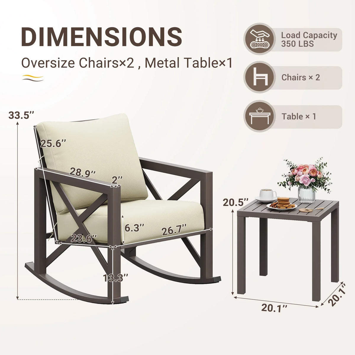 2026 NEW MRUAKA Rocking Chair Bistro Set,3 Piece Outdoor Patio Furniture Set with 2 Rockers and 1 Metal Coffee Table with Thick Cushions for Porch,Backyard,Poolside,Beige