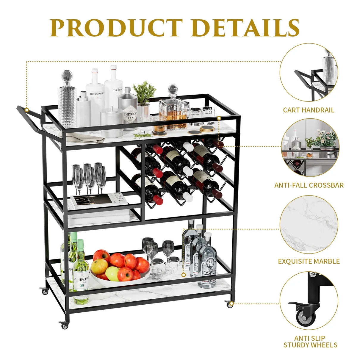 2026 NEW WHIFEA 3-Tier Home Bar Cart with Wine Rack, Mobile Serving Wine Cart on Wheels, Modern Rolling Drink Trolley for Coffee Tea Wine