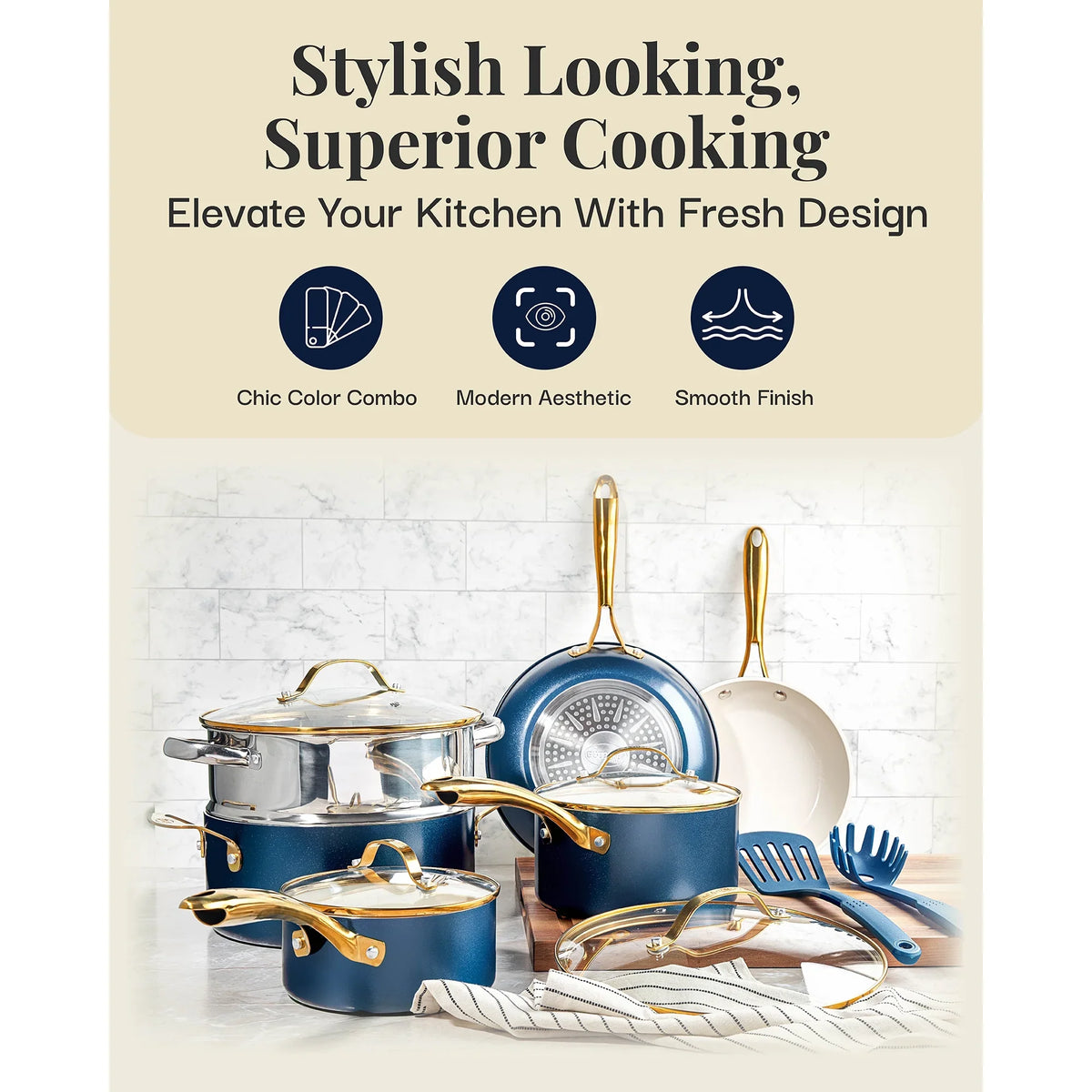 2026 NEW Gotham Steel 15 Pc Ceramic Cookware Set Nonstick, Ceramic Pots and Pans Set Non Stick with Steamer & Cooking Utensils, Non Toxic, Premium Stay Cool Handles, Oven & Dishwasher Safe, Blue
