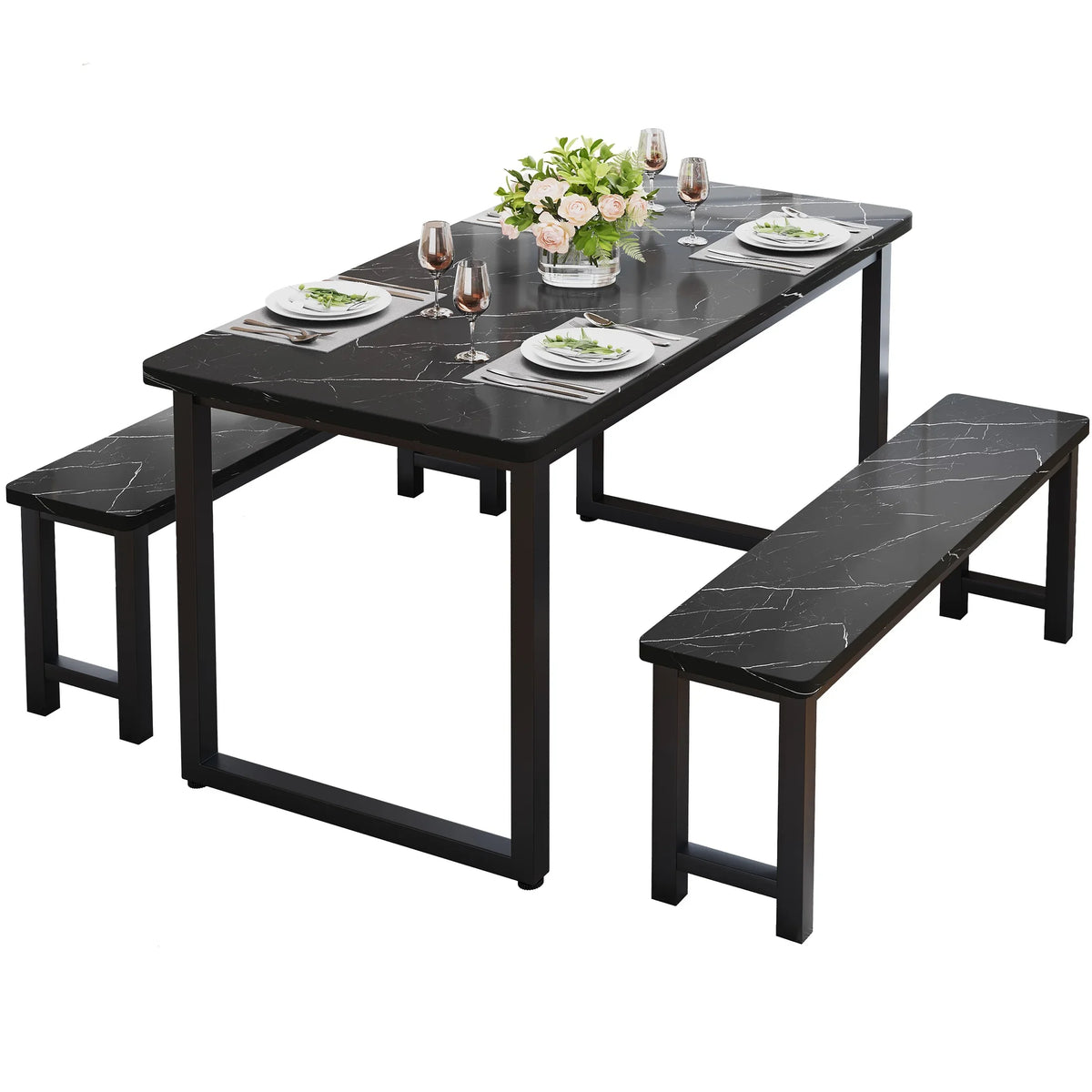 2026 NEW PORKISS Kitchen Table with 2 Benches, 3 Piece Dining Table Set, Dining Table with Faux Marble Table Top, Metal Frame, Black#