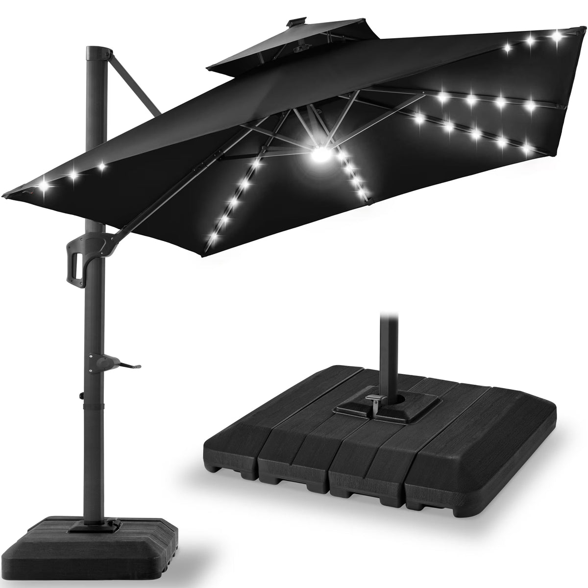 2026 NEW Best Choice Products 10x10ft 2-Tier Square Outdoor Solar LED Cantilever Patio Umbrella w/ Base Included - Tan