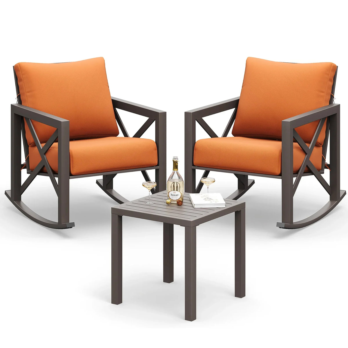 2026 NEW MRUAKA Rocking Chair Bistro Set,3 Piece Outdoor Patio Furniture Set with 2 Rockers and 1 Metal Coffee Table with Thick Cushions for Porch,Backyard,Poolside,Beige