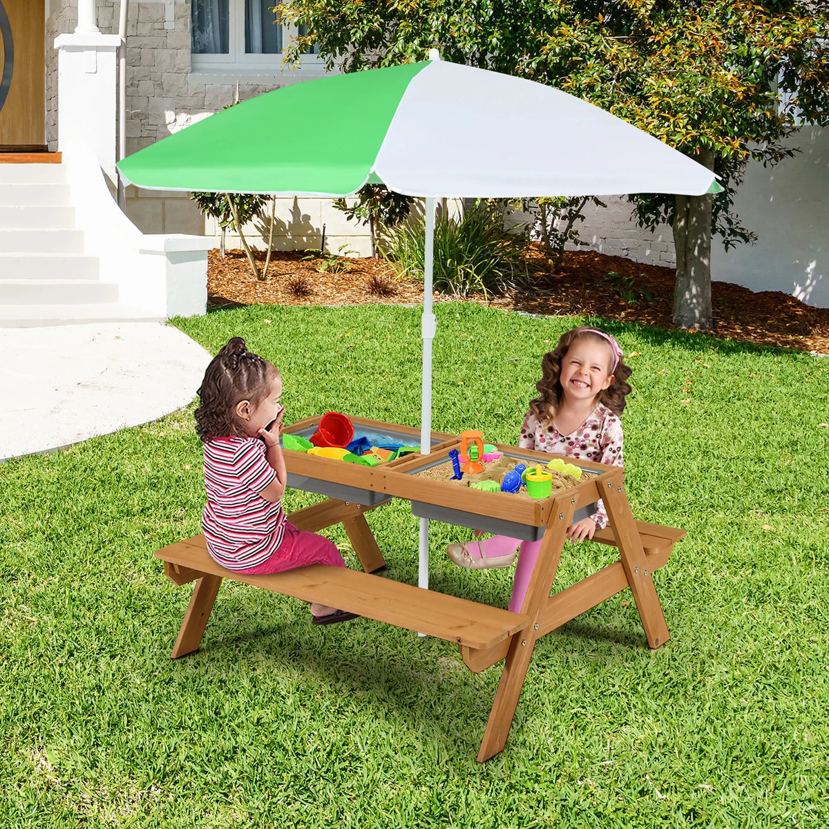 2026 NEW Costway 3-in-1 Kids Picnic Table Wooden Outdoor Sand & Water Table with Umbrella Play Boxes Green