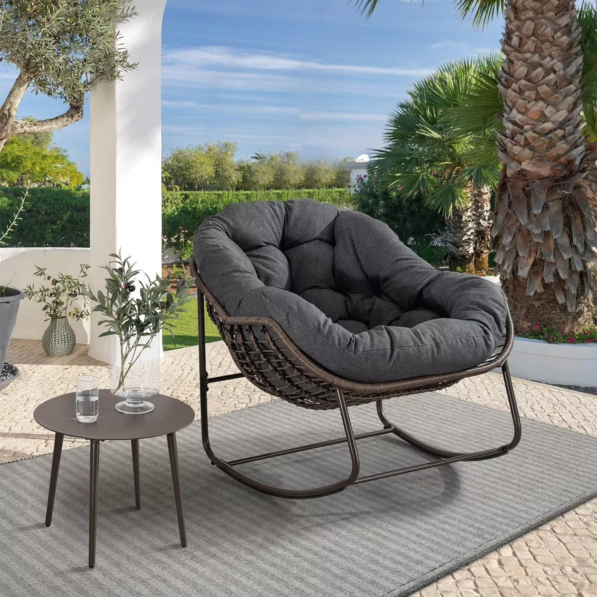 2026 NEW Outdoor Papasan Rocking Chair, Patio Oversized Wicker Egg Rocking Chair, Indoor & Outdoor Comfy Rocker Chair with Thick Cushion, Modern Lounge Chair for Front Porch, Garden, Backyard, Grey