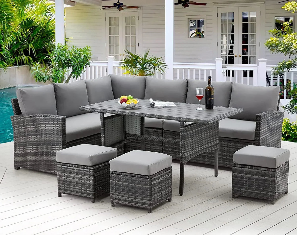 2026 NEW AECOJOY 7 Piece Patio Furniture Set PE Rattan Outdoor Dining Set Sectional Sofa Couch with Table Patio Conversation Set in Gray