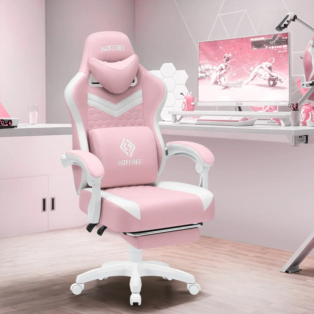 2026 NEW Hoffree Gaming Chair with Massage Fabric Office Chair with footrest for Adults, Ergonomic Gamer Chair with Headrest and Lumbar Support for Office Gaming, 440 LBS