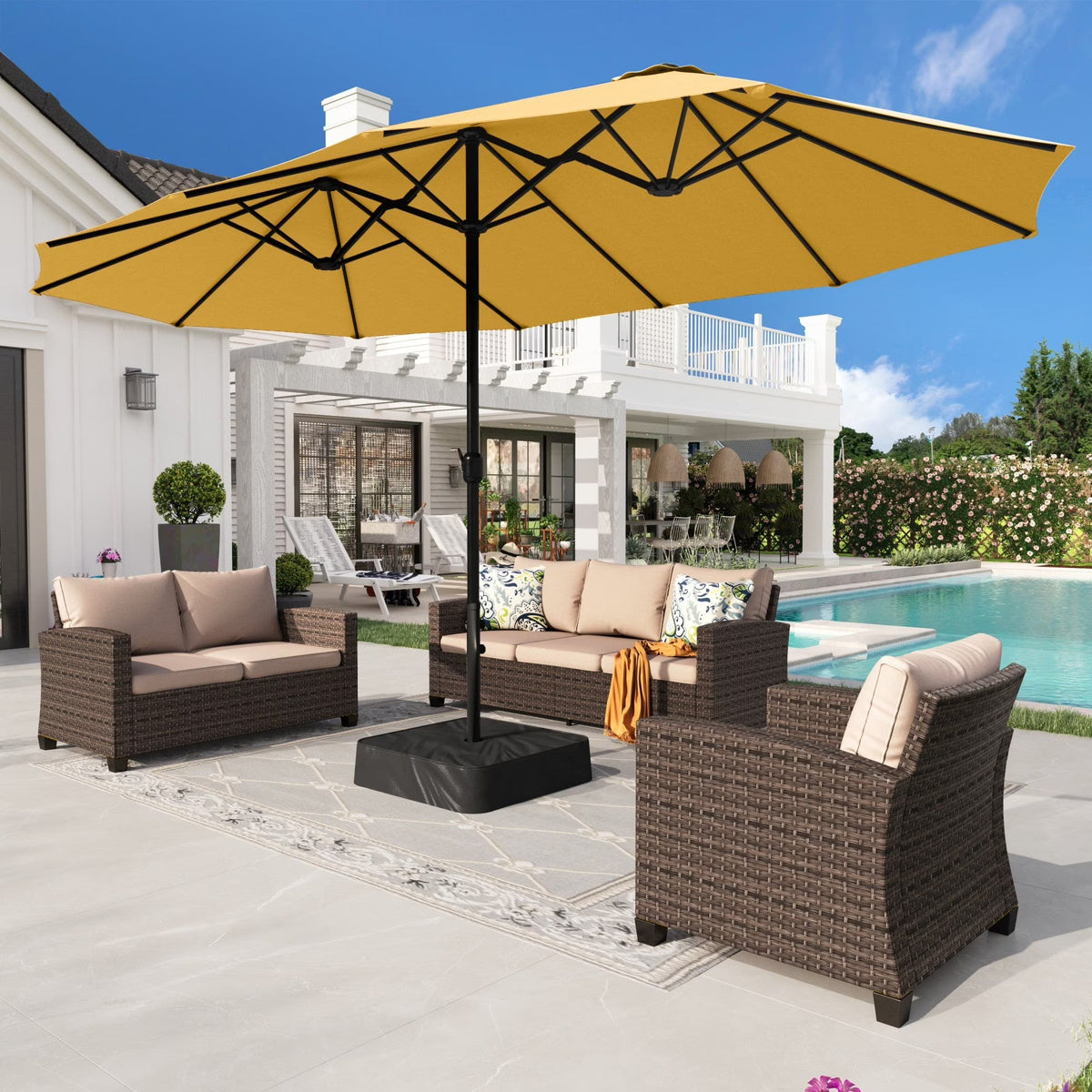 2026 NEW Alpha Joy 15ft Outdoor Patio Umbrella Extra-Large Double-Sided Garden Umbrella with Crank Handle and Base - Smoky Gray