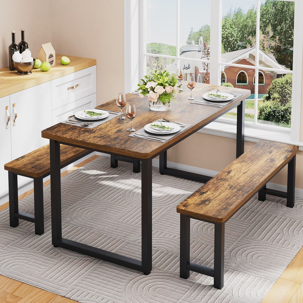 2026 NEW PORKISS Kitchen Table with 2 Benches, 3 Piece Dining Table Set, Dining Table with Faux Marble Table Top, Metal Frame, Black#