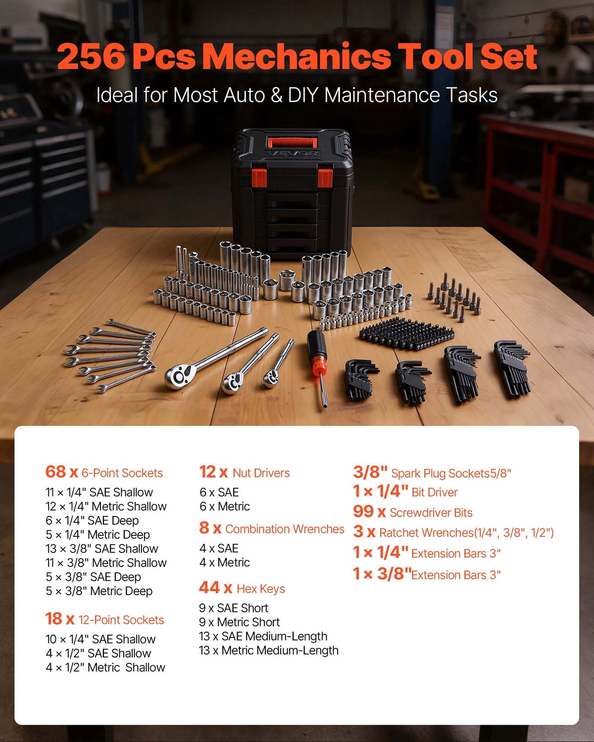 2026 NEW VEVOR Mechanics Tool Set, 256-Piece Mechanic Tool Kit, 1/4 in, 3/8 in, and 1/2 in Drive, SAE and Metric Socket Set, Wrenches, Screwdriver Bits, Accessories, and Storage Case