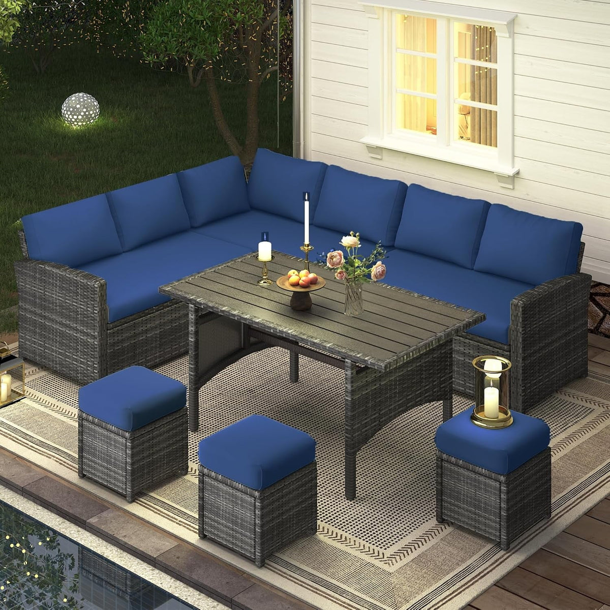 2026 NEW AECOJOY 7 Piece Patio Furniture Set PE Rattan Outdoor Dining Set Sectional Sofa Couch with Table Patio Conversation Set in Gray