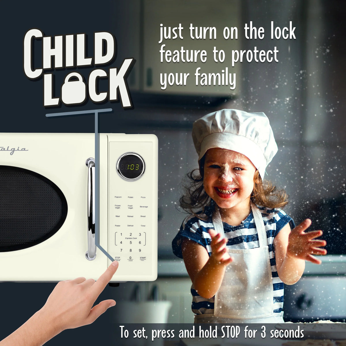 2026 NEW Nostalgia Retro Microwave Oven - 1.1 Cu Ft & 1000-Watt Countertop Size with Glass Turntable, Child Safety Lock, 8 Auto-Cook Programs & Digital Clock - Black