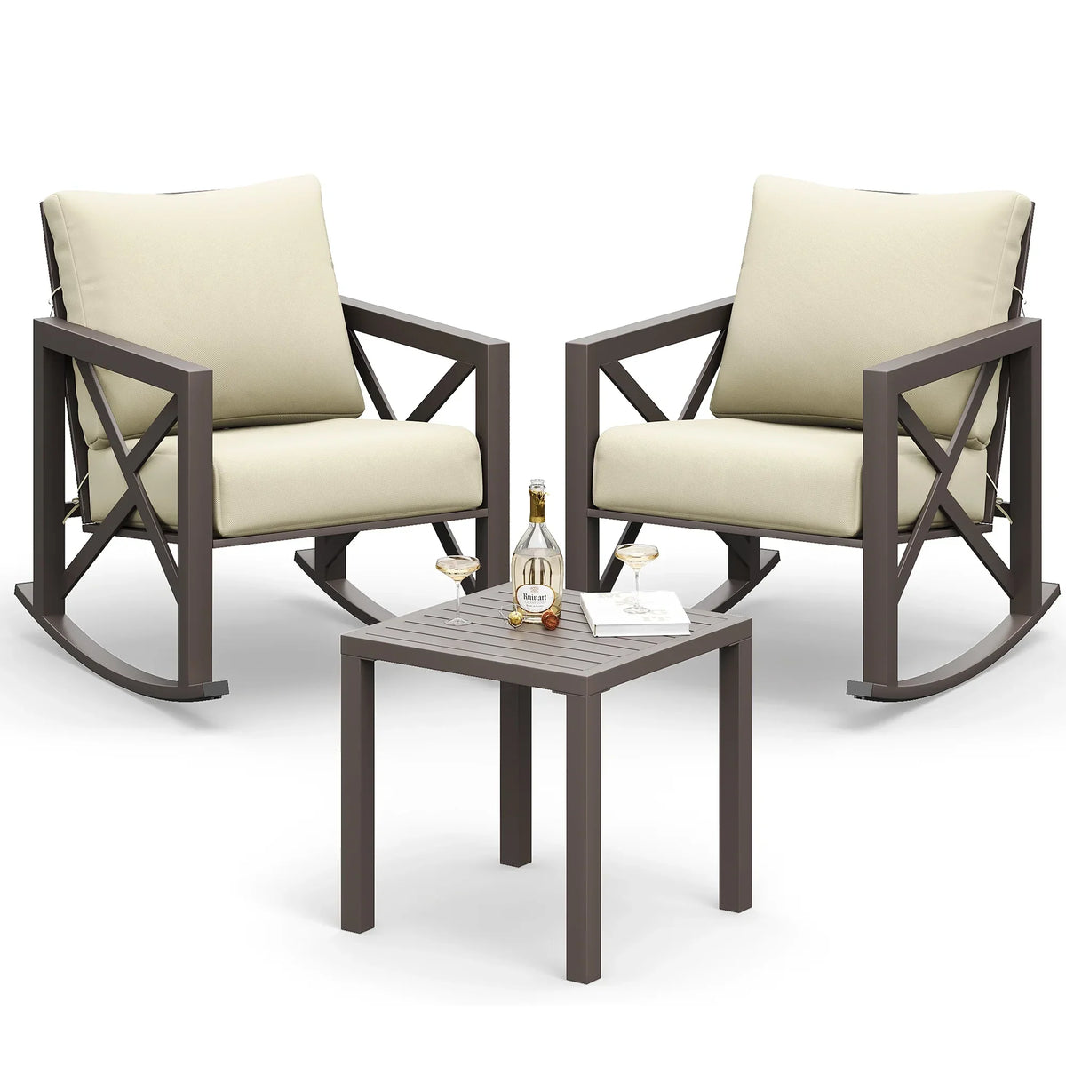 2026 NEW MRUAKA Rocking Chair Bistro Set,3 Piece Outdoor Patio Furniture Set with 2 Rockers and 1 Metal Coffee Table with Thick Cushions for Porch,Backyard,Poolside,Beige