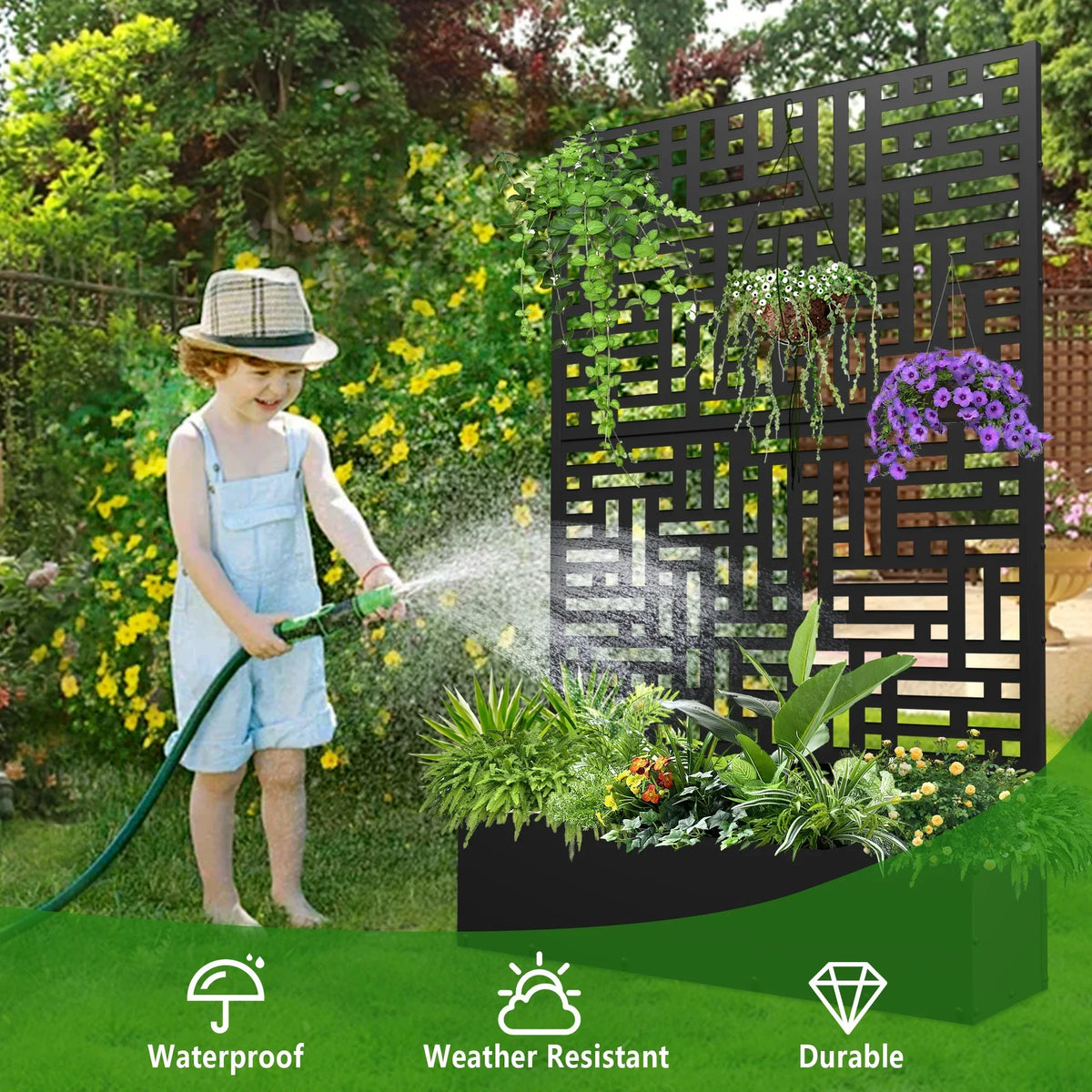 2026 NEW FOOWIN 71'' H Metal Planter with Trellis, Outdoor Raised Garden Bed for Climbing Plants, Trellis Planter Box with Drainage Hole, Black