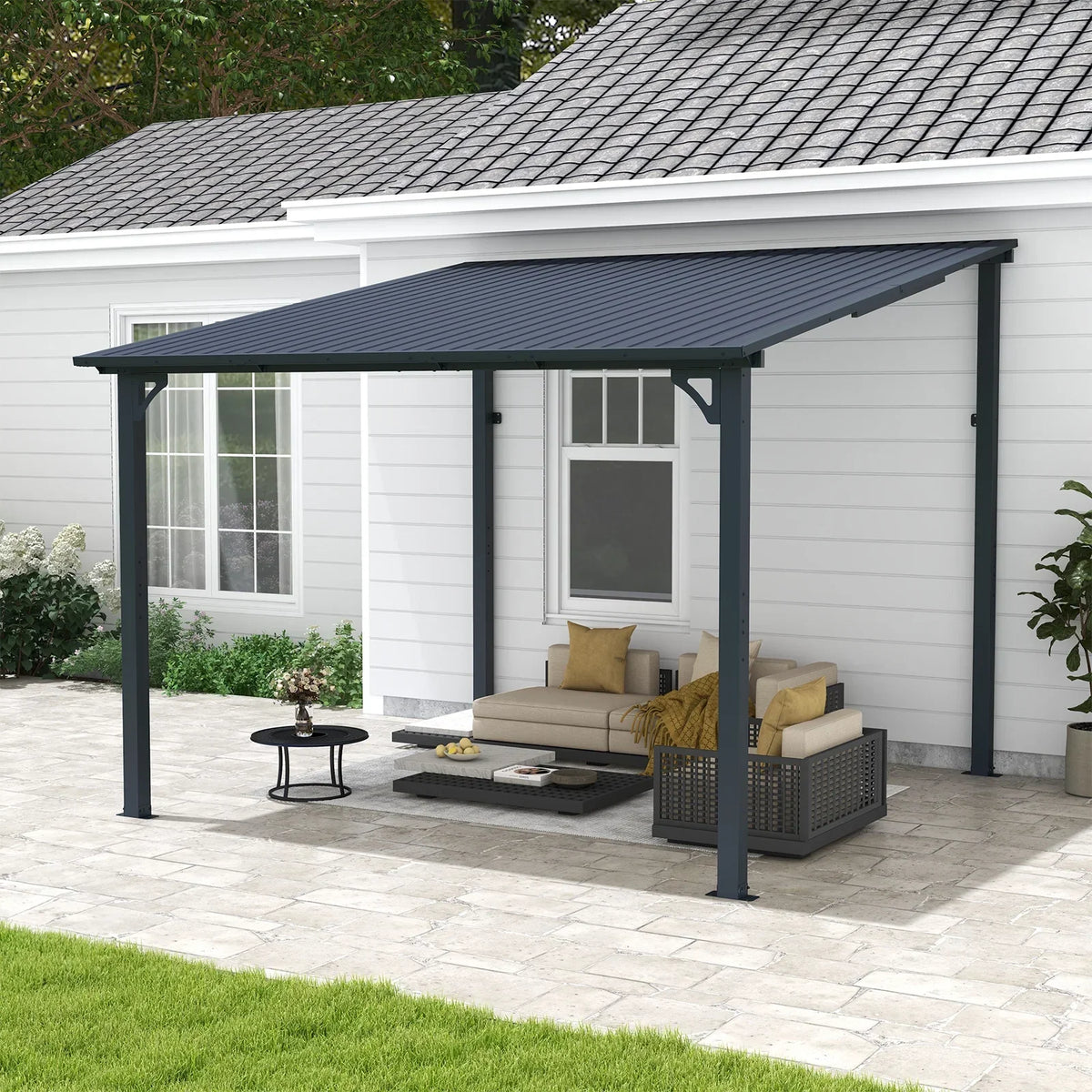 2026 NEW 8' x 10' Outdoor Pergola Gazebo, Lean to Awnings Gazebos, Heavy Duty Hard Top Metal Pergola with Roof, for Patio, Backyard, Decks, Poolside