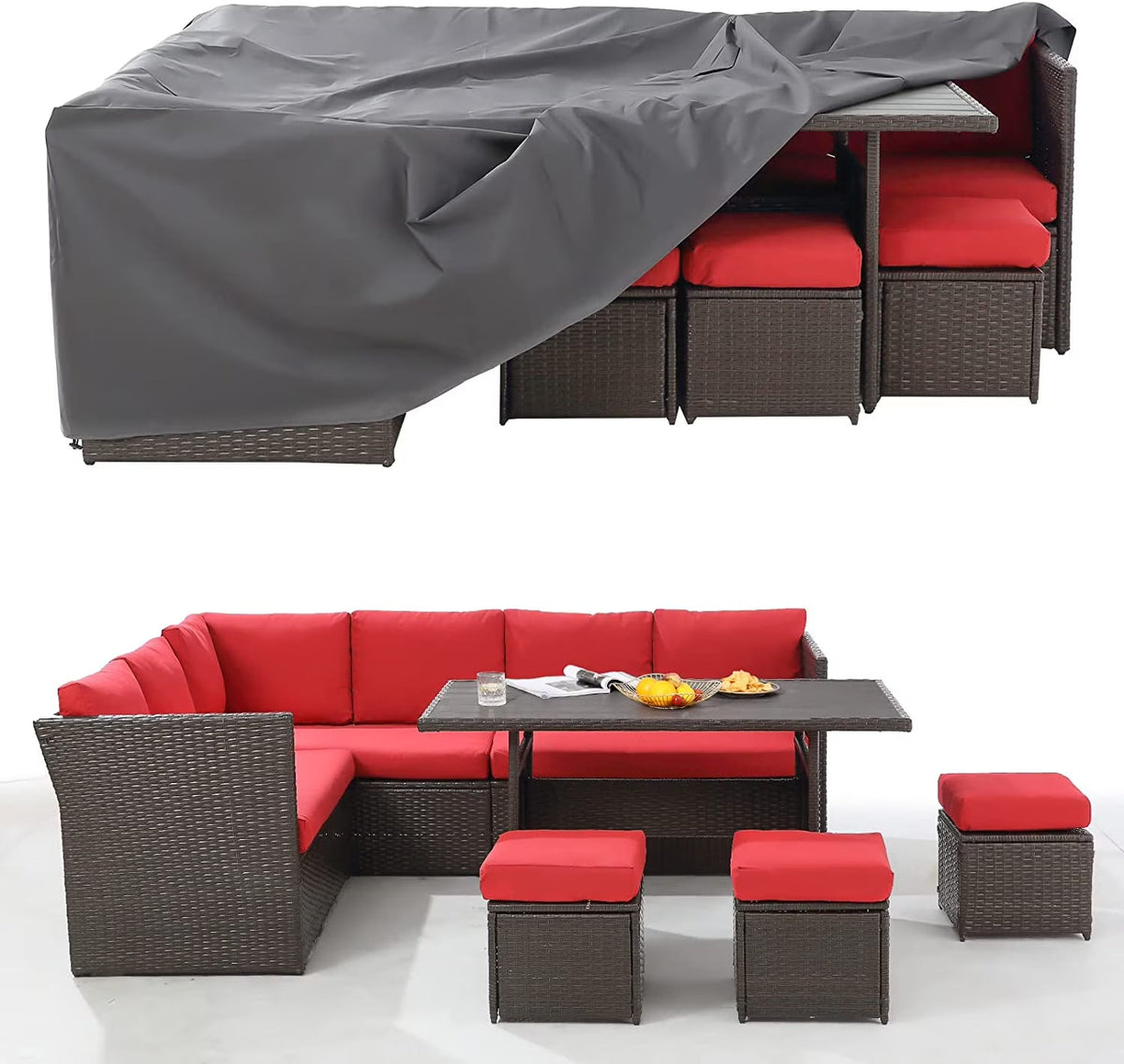 2026 NEW AECOJOY 7 Piece Patio Furniture Set PE Rattan Outdoor Dining Set Sectional Sofa Couch with Table Patio Conversation Set in Gray