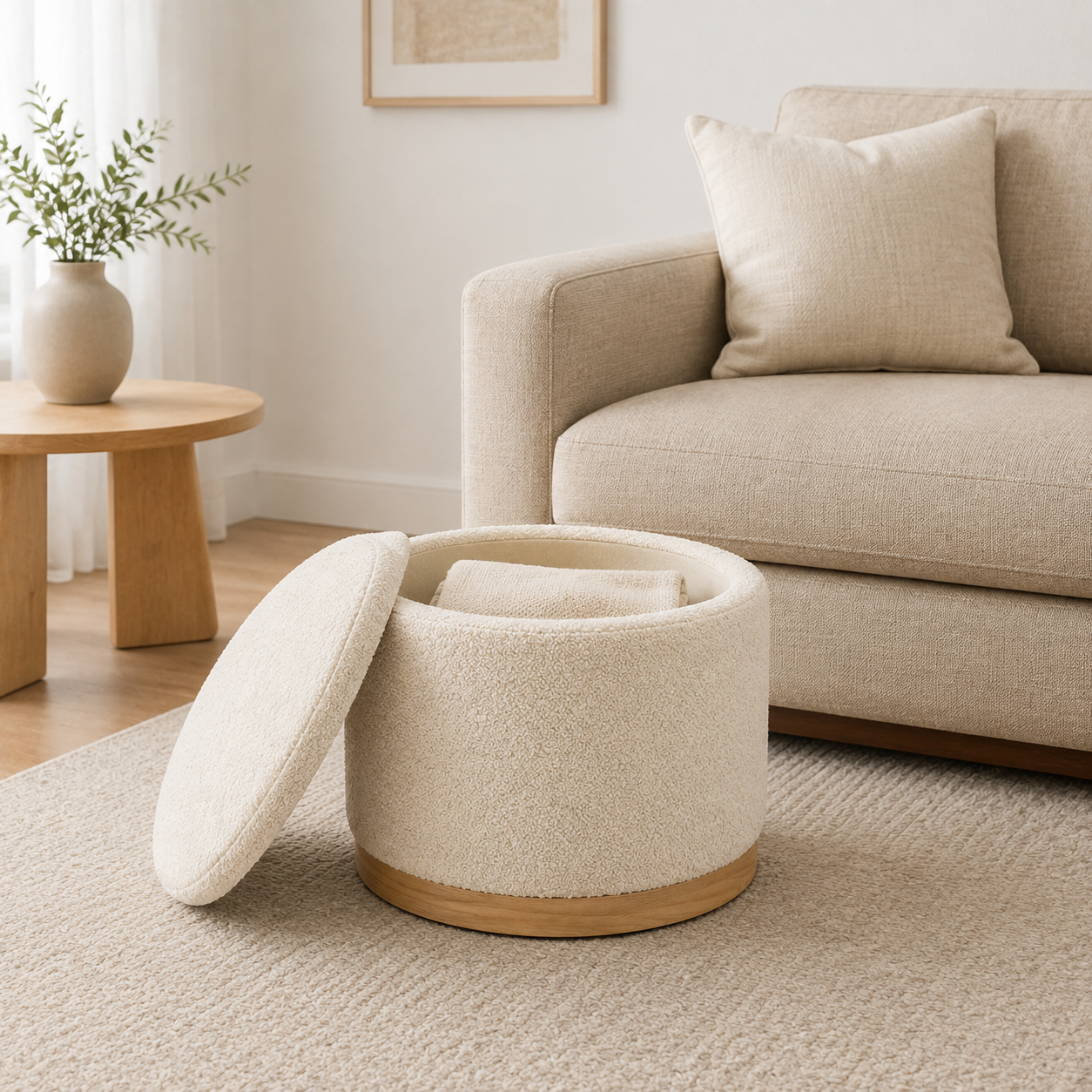Round Bouclé Storage Ottoman with Removable Lid, 18 Inch, Ivory