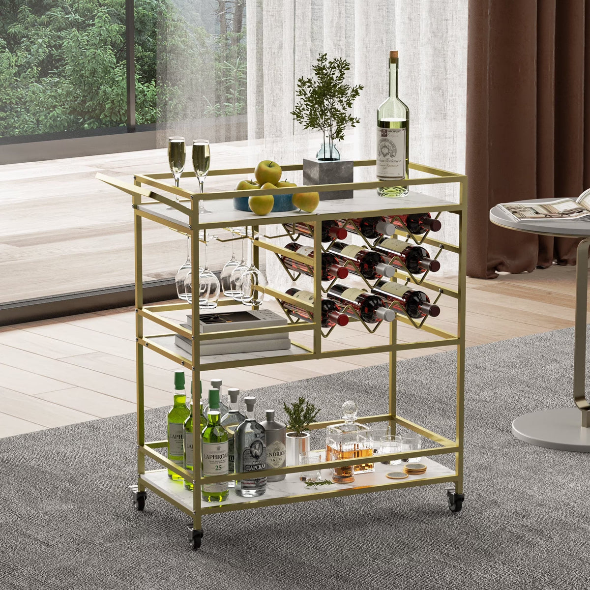 2026 NEW WHIFEA 3-Tier Home Bar Cart with Wine Rack, Mobile Serving Wine Cart on Wheels, Modern Rolling Drink Trolley for Coffee Tea Wine