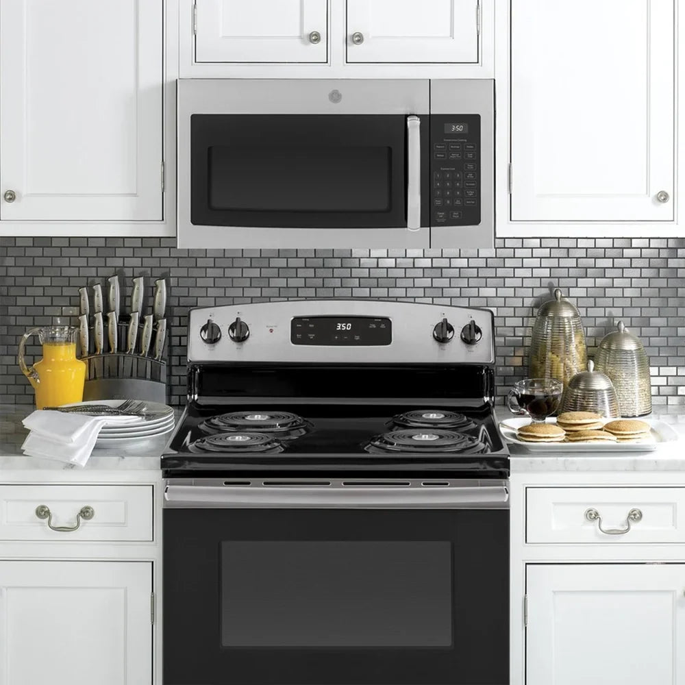 2026 NEW GE JVM3160RFSS 1.6 Cu. Ft. Over-the-Range Microwave Oven Stainless Steel Bundle with Deco Chef Pair of Red Heat Resistant Oven Mitt and 3 YR CPS Enhanced Protection Pack