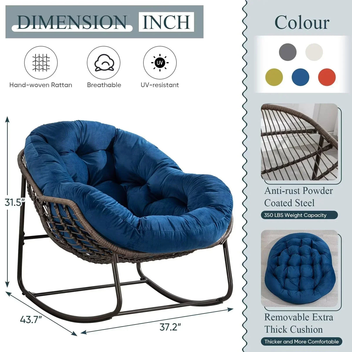 2026 NEW Outdoor Papasan Rocking Chair, Patio Oversized Wicker Egg Rocking Chair, Indoor & Outdoor Comfy Rocker Chair with Thick Cushion, Modern Lounge Chair for Front Porch, Garden, Backyard, Grey