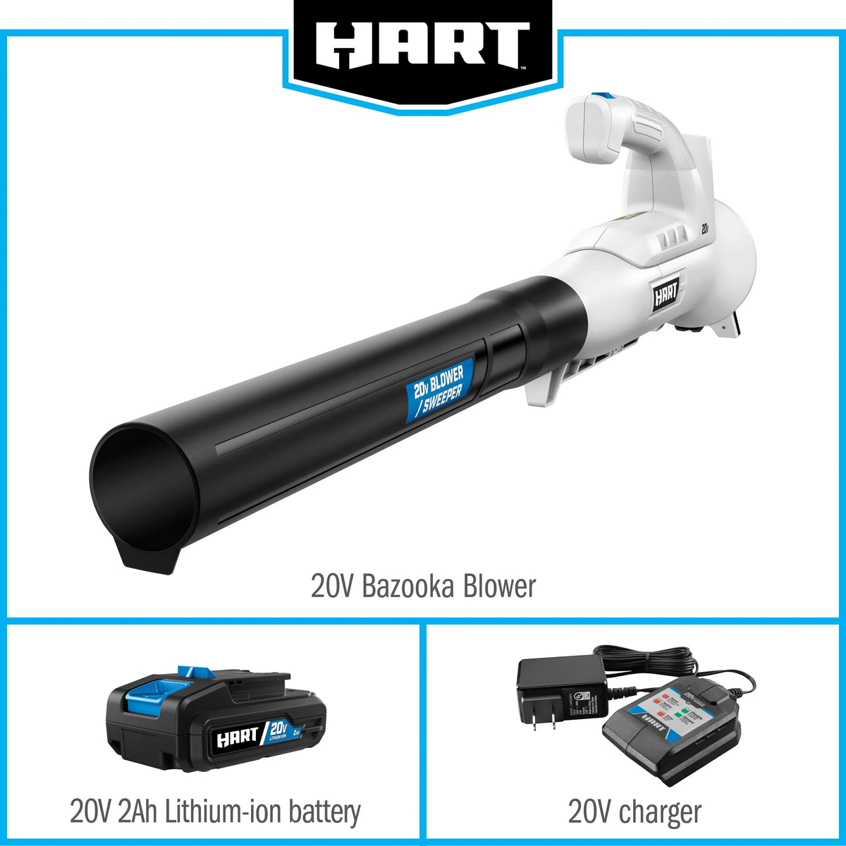 2026 NEW Hart 20-Volt 200 CFM Bazooka Blower Kit, (1) 20-Volt 2Ah Lithium-Ion Battery and Charger