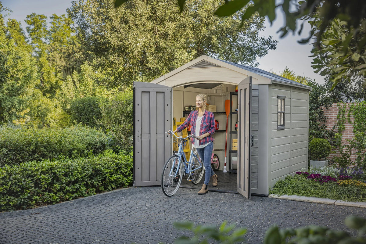 2026 NEW Keter Factor 8 x 11 Foot All Weather Resin Outdoor Storage Shed, Taupe
