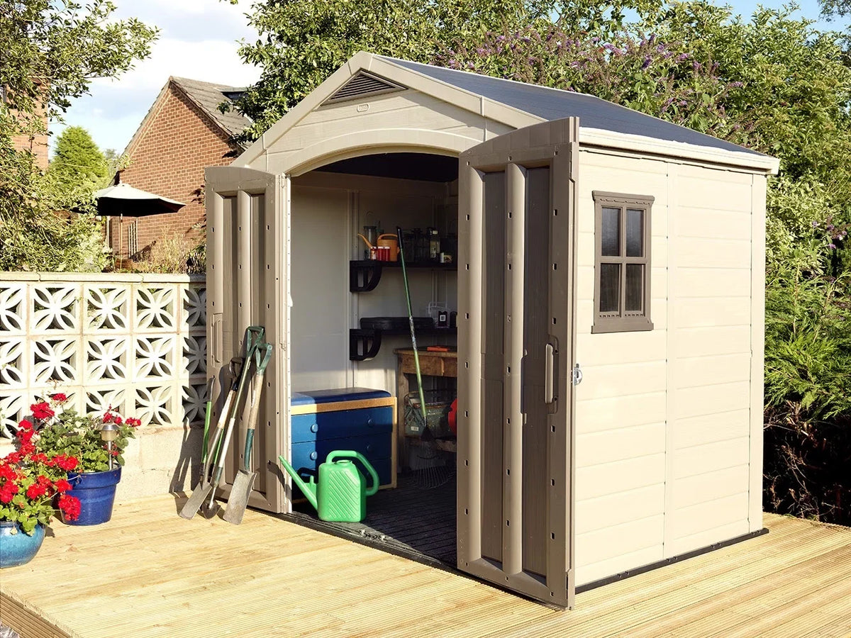 2026 NEW Keter Factor 8 x 11 Foot All Weather Resin Outdoor Storage Shed, Taupe