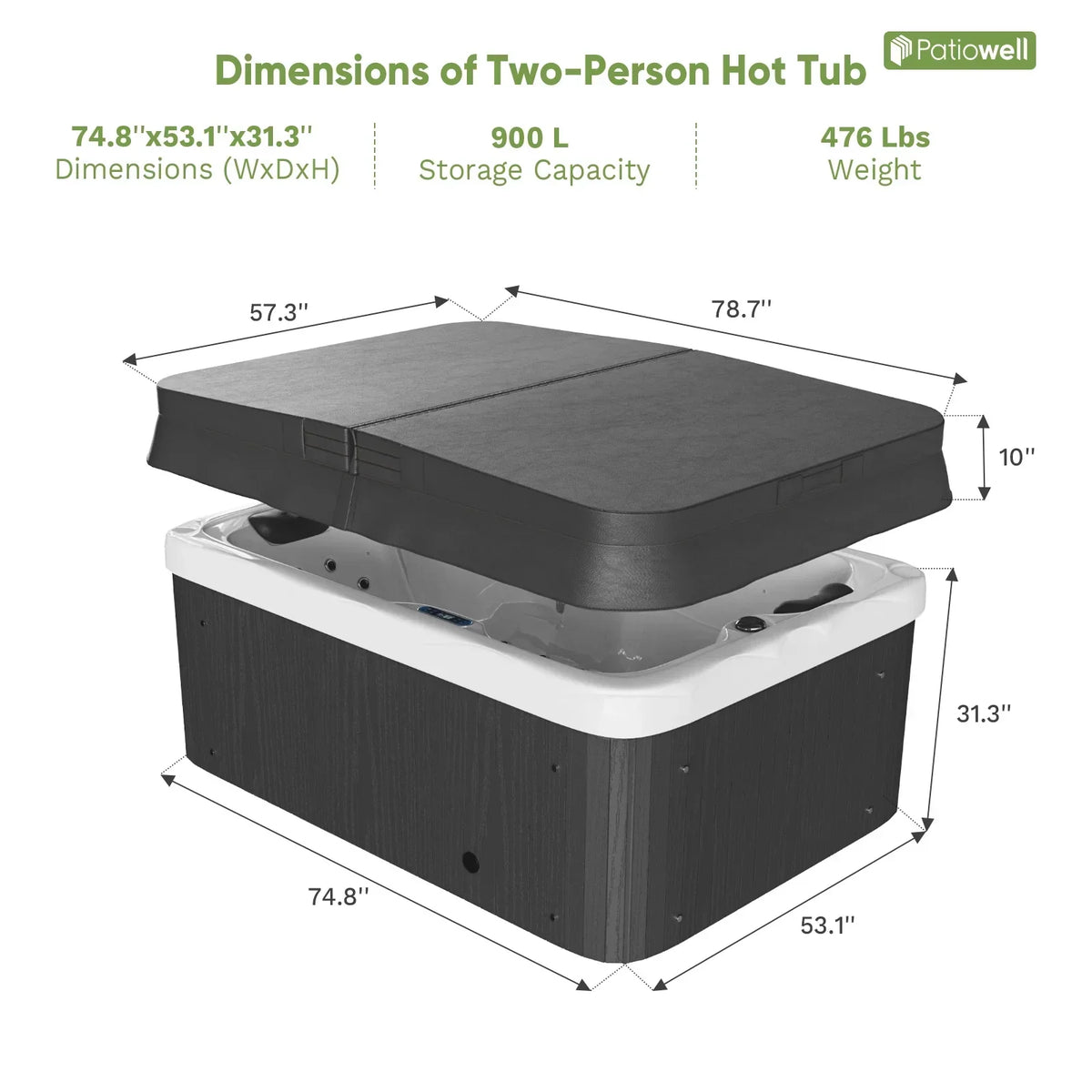 2026 NEW Patiowell 2 Person Home Spa Hot Tub for Outdoor, with 41pcs Massage Jets, LED lighting, Built-In Water Purification System, 900L, Black