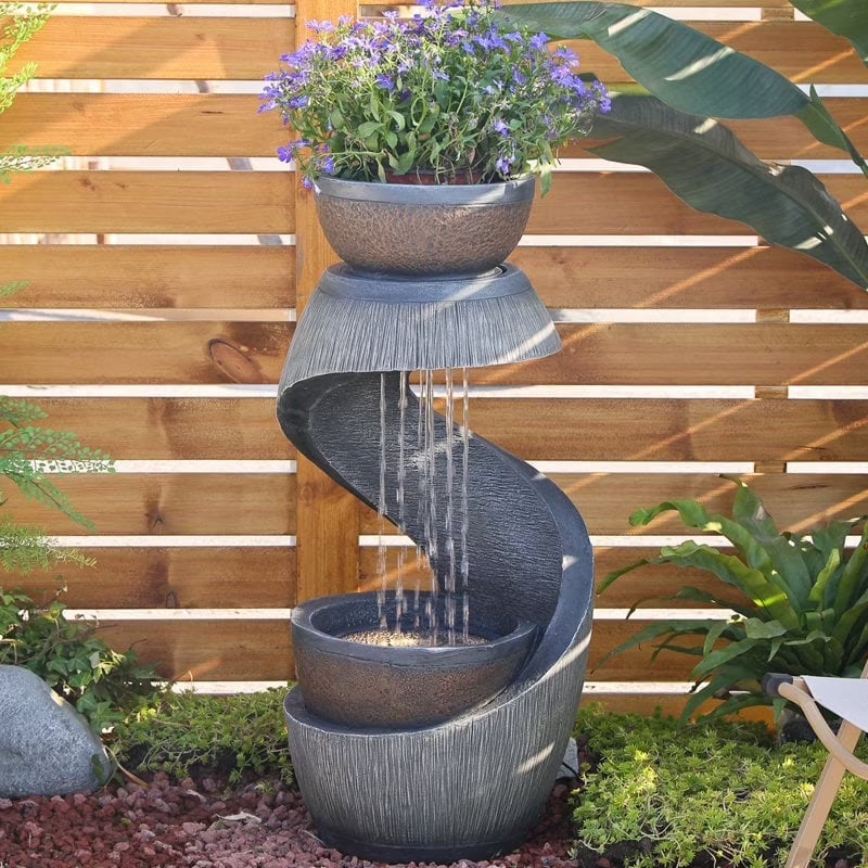 2026 NEW Outdoor Water Fountain Modern Curved Waterfall S-Shaped Freestanding Fountain with Bowl Planter for Patio Deck Garden Yard Home Decor