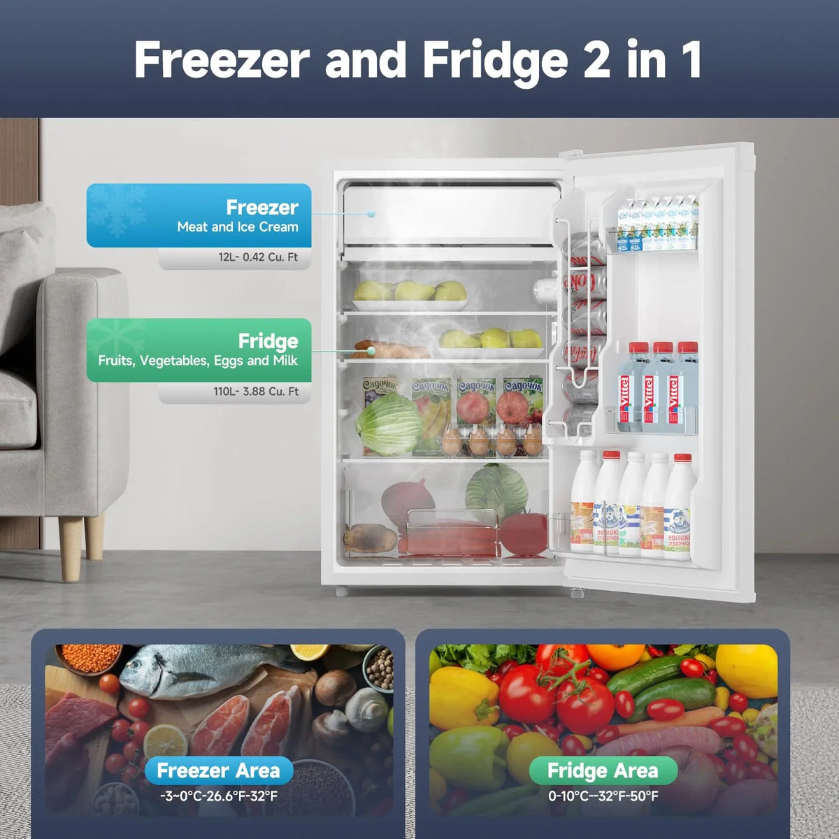 2026 NEW Soonbuy Compact Mini Fridge with Freezer, 4.3 Cu.Ft Single Door Refrigerator with Adjustable Temperature, Removable Shelves & Crisper Drawer, Energy Efficient Small Fridge for Bedroom, Office, Dorm, R