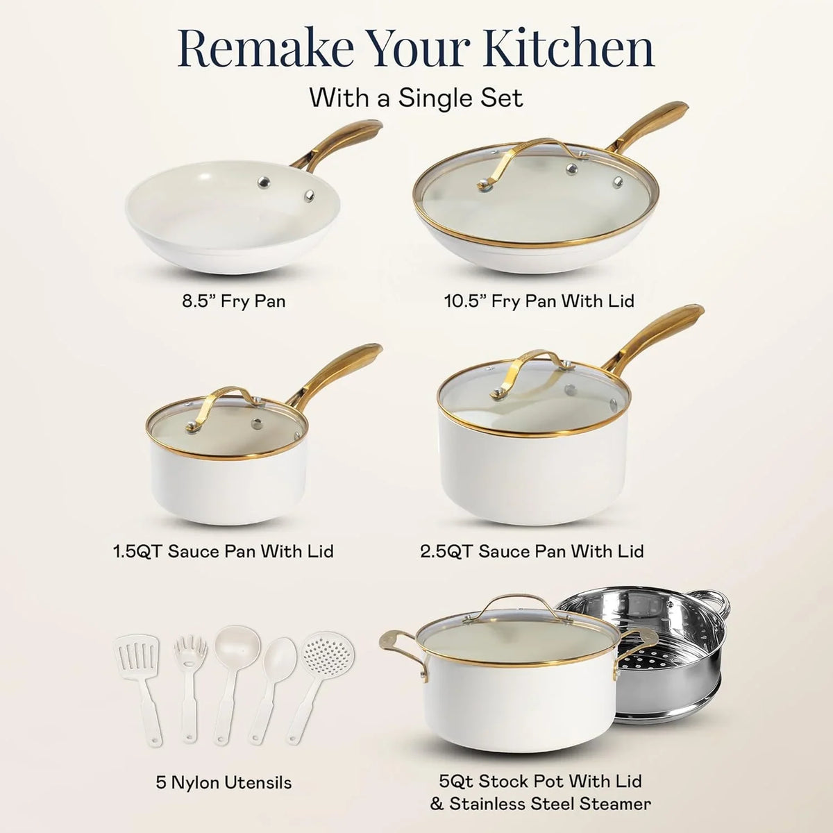 2026 NEW Gotham Steel 15 Pc Ceramic Cookware Set, Ceramic Pots and Pans Set Non Stick with Cooking Utensils and Steamer, Non Toxic, Premium Gold Stay Cool Handles, Oven & Dishwasher Safe