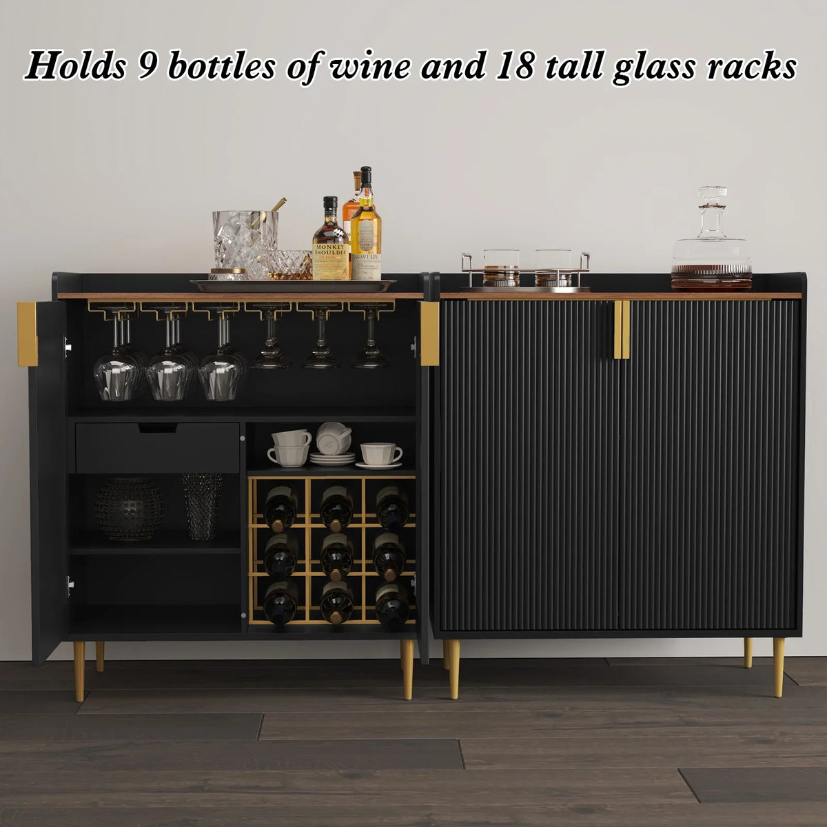 2026 NEW CBJCBJ 32" Wine Bar Cabinet with 2 Door Fluted Texture, Modern Coffee Cabinet with Rack&Glass Holder, Black
