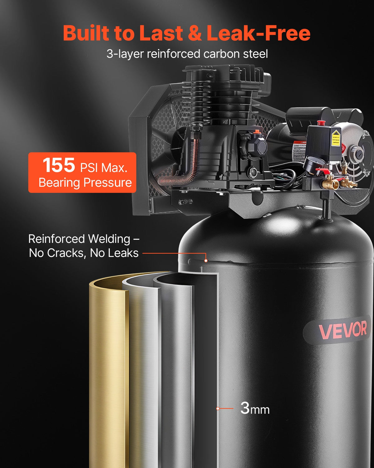 2026 NEW VEVOR 60 Gallons Heavy-Duty Air Compressor, 3.7HP 8 SCFM at 90PSI Air Compressors Max 155PSI Pressure, Oil-Lubricated Compressor Tank(230V 60Hz, No-Plug)